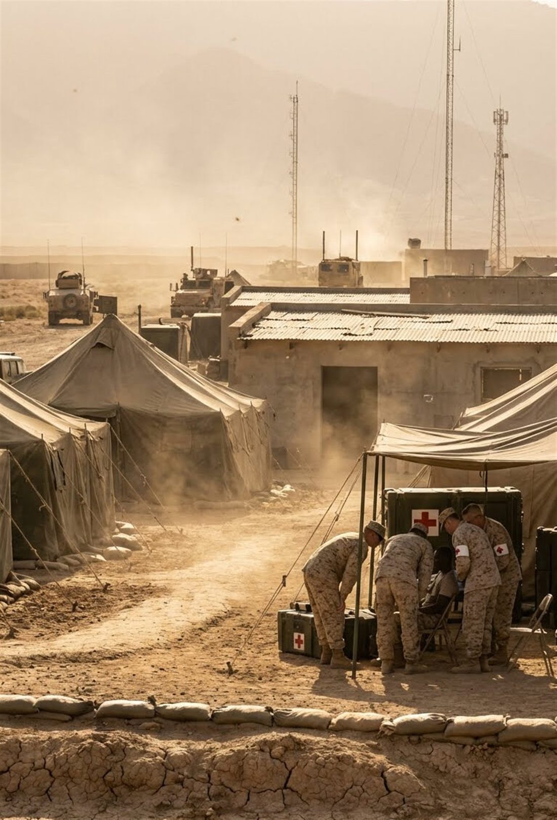 A remote field camp at dawn